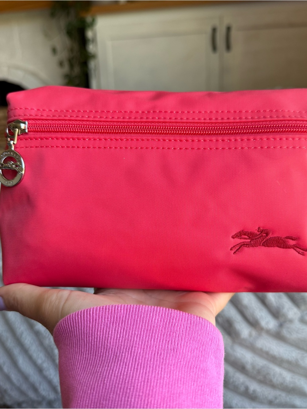 Longchamp Le Pliage Club Cosmetic Case Coral Pink 1948 Silver Medallion